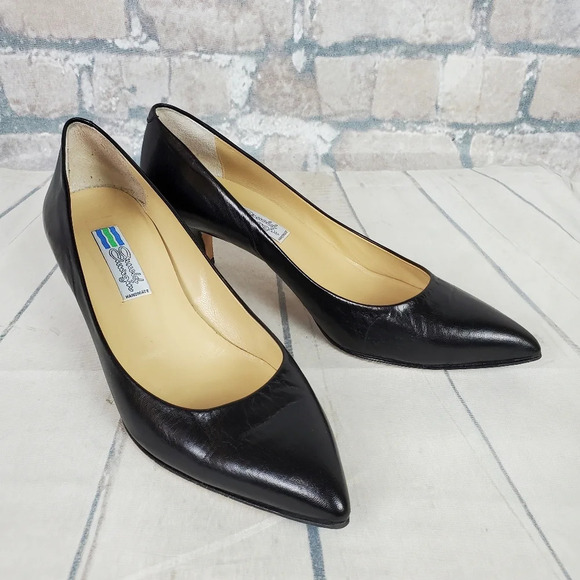 Vintage Italian Leather Kitten Heels Black Leather Pointed Toe Size 40 1/2=9-9.5 - Picture 4 of 15